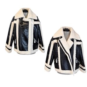 NVLT Women's Black & White Vegan Leather Shearling Fuzzy Coat Jacket Size S/M